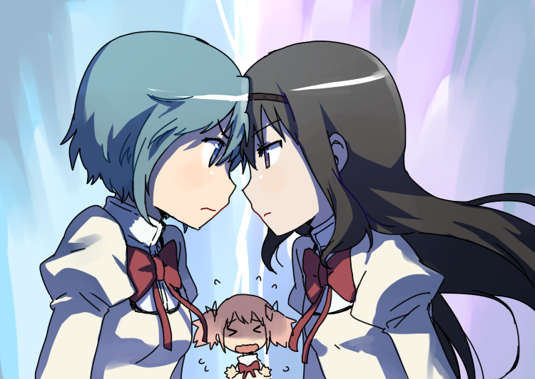 3girls akemi_homura black_hair blue_eyes blue_hair conflict forehead-to-forehead hair_ribbon hairband kaname_madoka long_hair mahou_shoujo_madoka_magica miki_sayaka multiple_girls pink_hair ribbon school_uniform short_hair short_twintails twintails violet_eyes yoplait