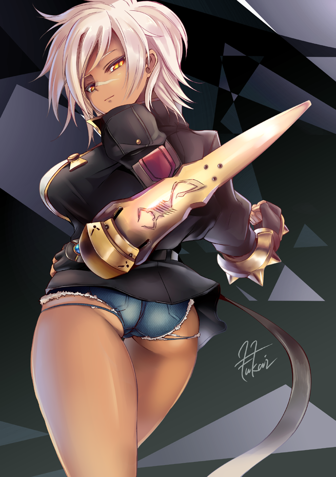 1girl ass belt blazblue blazblue:_chronophantasma breasts brown_eyes bullet_(blazblue) dark_skin denim denim_shorts fukai_ryousuke large_breasts light_smile looking_back short_hair short_shorts shorts signature silver_hair solo thighs