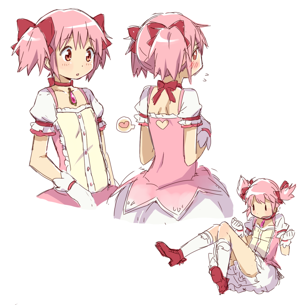 1girl back_cutout flying_sweatdrops gloves heart heart_cutout kaname_madoka kneehighs magical_girl mahou_shoujo_madoka_magica pink_eyes pink_hair shoes short_twintails simple_background solo soul_gem twintails white_background yoplait