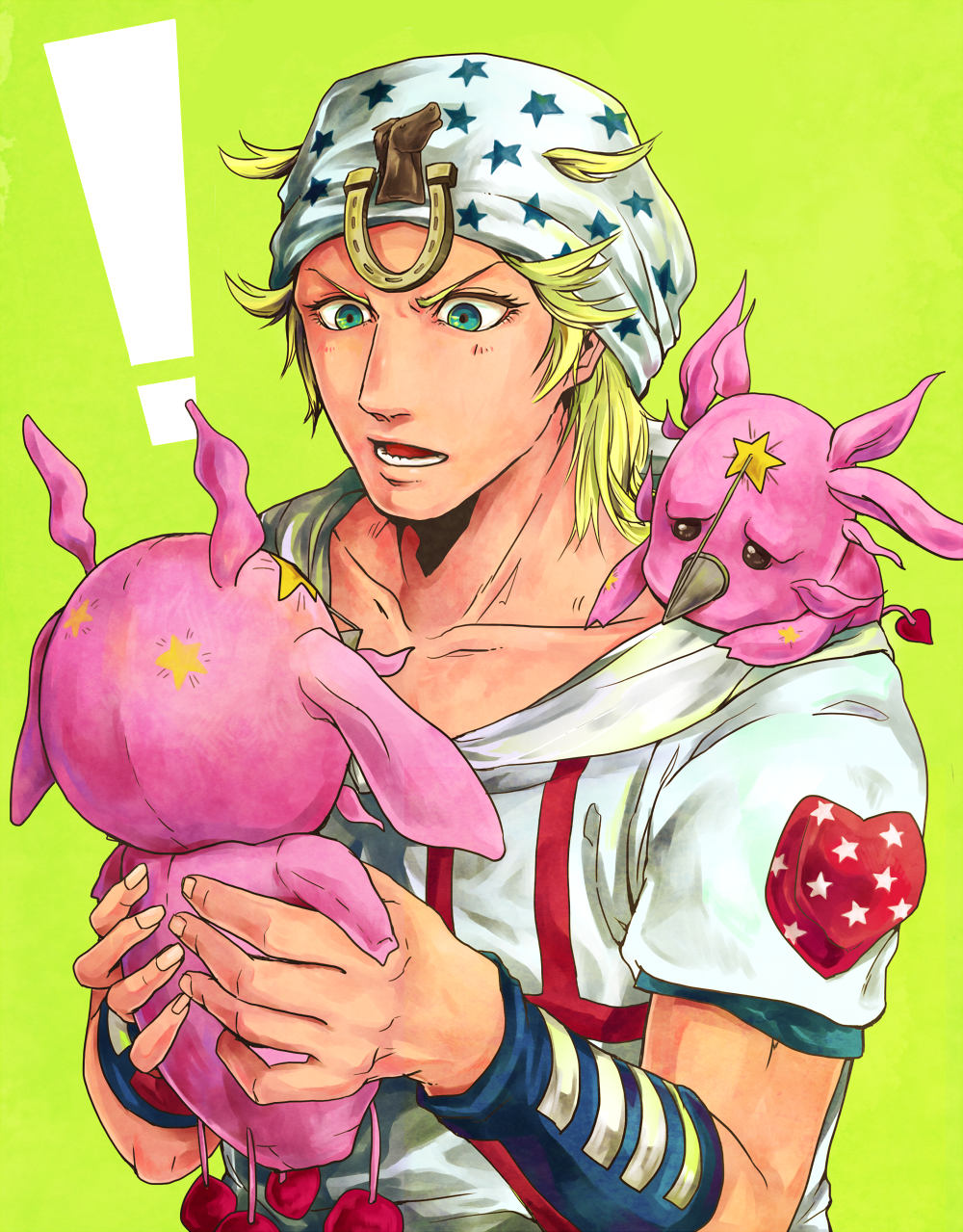 1boy blonde_hair blue_eyes cafemoka-septro character_doll hat highres johnny_joestar jojo_no_kimyou_na_bouken plush solo stand_(jojo) steel_ball_run tusk_(stand)