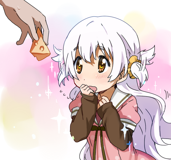 1girl cheese child dress drooling mahou_shoujo_madoka_magica mahou_shoujo_madoka_magica_movie momoe_nagisa orange_eyes pov_feeding sailor_dress solo_focus two_side_up wavy_mouth white_hair yoplait