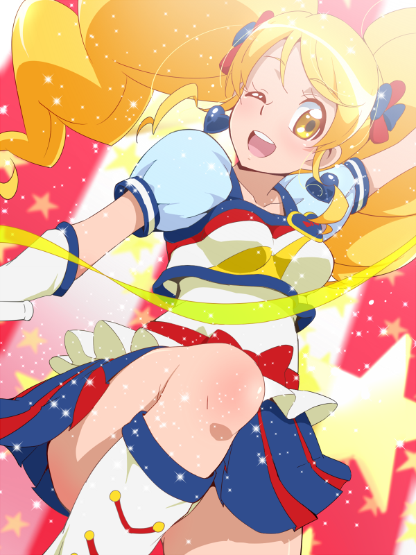 1girl alternate_form blonde_hair blue_skirt boots cure_honey earrings happinesscharge_precure! heart heart_earrings jewelry knee_boots oomori_yuuko open_mouth popcorn_cheer precure puffy_sleeves ribbon skirt solo tj-type1 wink yellow_eyes