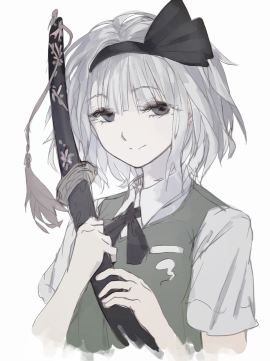 1girl alternate_eye_color bow geppewi grey_eyes hairband katana konpaku_youmu looking_at_viewer shirt short_hair short_sleeves silver_hair simple_background smile solo sword touhou weapon white_background white_shirt