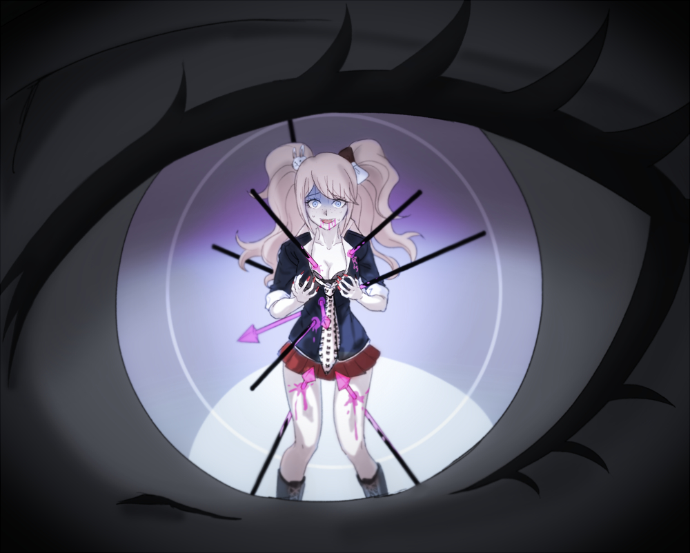 1girl bangs black_bra black_shirt blonde_hair blood blood_from_mouth bloody_clothes blue_eyes boots bow bra bunny_hair_ornament collarbone commentary_request cosplay dangan_ronpa:_trigger_happy_havoc dangan_ronpa_(series) enoshima_junko enoshima_junko_(cosplay) eyelashes eyes hair_bow hair_ornament hands_up ikusaba_mukuro impaled knee_boots long_hair looking_at_viewer miniskirt necktie pink_blood polearm red_nails red_skirt reflection rissu shaded_face shirt skirt sleeves_folded_up solo spear spoilers twintails underwear weapon white_neckwear