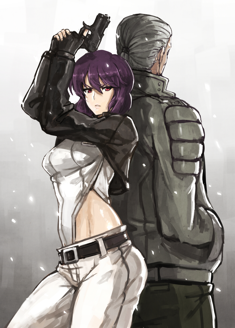 arms_up back-to-back batou belt bodysuit ghost_in_the_shell gun hands_in_pockets highres kusanagi_motoko leotard lips looking_at_viewer madarame midriff parted_lips ponytail purple_hair red_eyes short_hair waist weapon