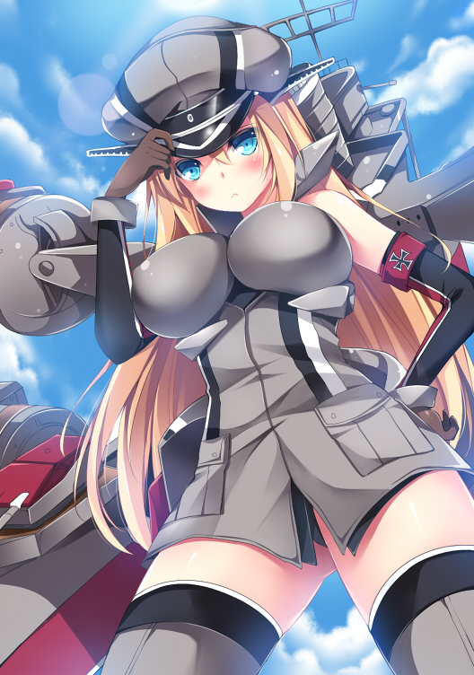 1girl bismarck_(kantai_collection) blonde_hair blue_eyes blush breasts detached_sleeves gloves grey_legwear hat kantai_collection large_breasts long_hair looking_at_viewer military military_hat military_uniform murasakigo panties peaked_cap personification solo thigh-highs underwear uniform