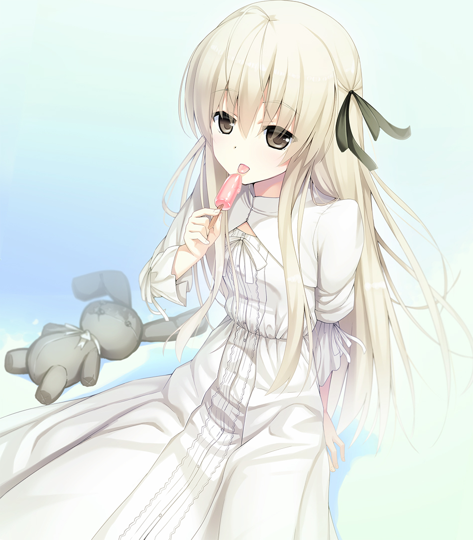 1girl black_eyes kasugano_sora long_hair peragura popsicle solo stuffed_toy tagme white_hair yosuga_no_sora