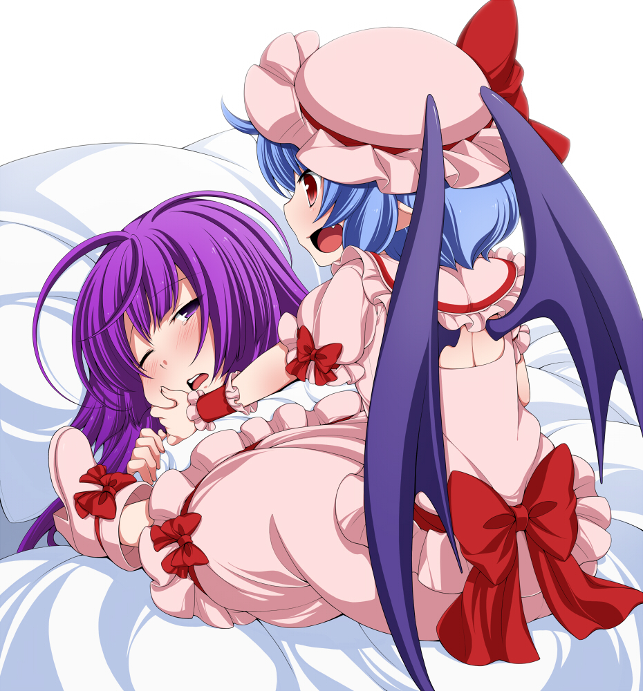 2girls bat_wings bed blue_hair blush commentary_request dress eichi_yuu face_grab fang hat hat_ribbon lying mob_cap multiple_girls on_bed open_mouth patchouli_knowledge pillow pink_dress pink_shoes pointy_ears puffy_sleeves purple_hair red_eyes remilia_scarlet ribbon sash shoe_bow short_sleeves sitting sitting_on_bed sitting_on_person smile tears touhou under_covers violet_eyes waking_up wings wink wrist_cuffs