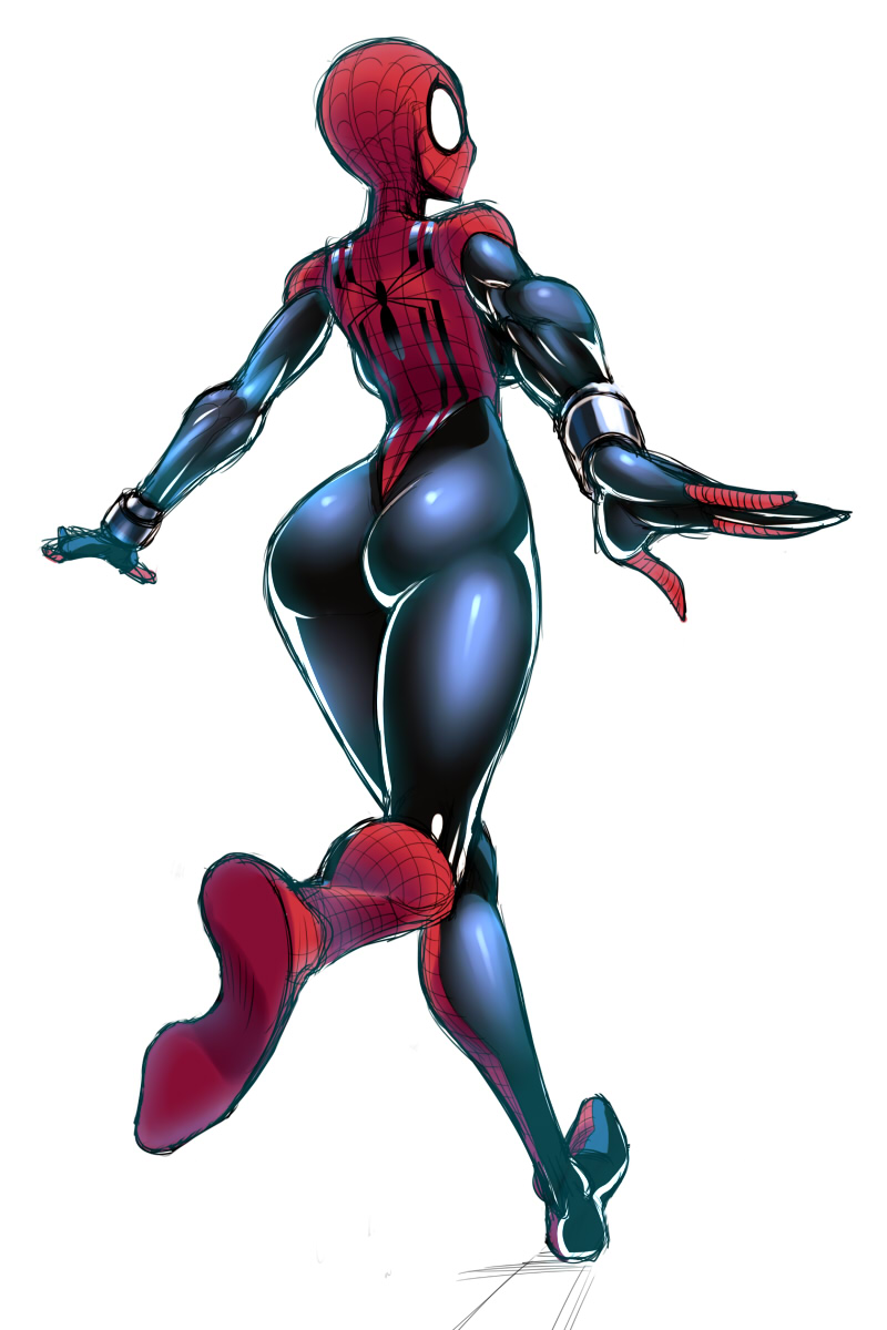 1girl ass breasts highres marvel mask running simple_background skin_tight solo space_jin spider-girl spider-man_(series) white_background