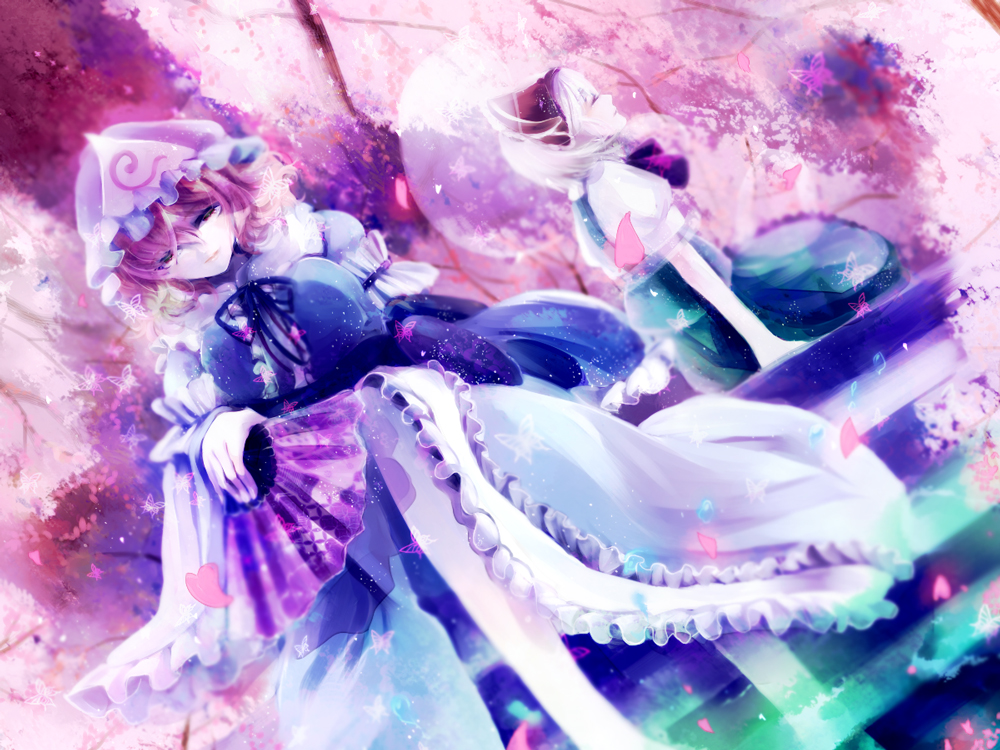 2girls arm_garter breasts butterfly cherry_blossoms closed_eyes crossed_legs dutch_angle expressionless fan folding_fan hair_ribbon japanese_clothes kimono konpaku_youmu konpaku_youmu_(ghost) long_sleeves looking_at_viewer mob_cap multiple_girls obi petals pink_eyes pink_hair profile ribbon saigyouji_yuyuko sash short_hair short_sleeves sitting skirt skirt_set touhou tree triangular_headpiece white_hair xyu05