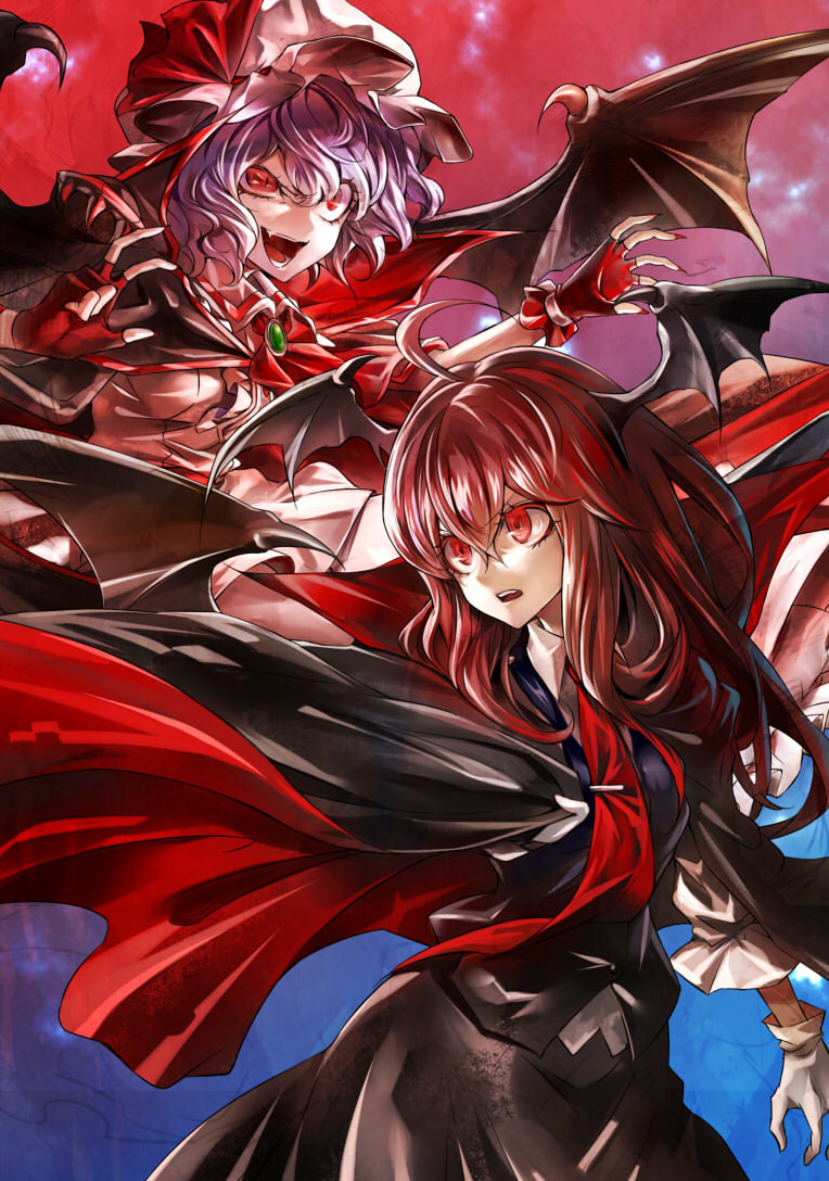 2girls ahoge ascot bat_wings brooch cape demon_wings gloves hat head_wings jewelry koakuma kozou_(soumuden) lavender_hair multiple_girls necktie red_eyes red_nails redhead remilia_scarlet touhou wings