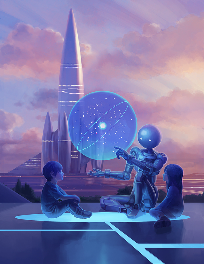 1boy 1girl clouds female floor fmu hologram long_hair original realistic robot rocket science_fiction short_hair sitting sky smile solo teacher teaching