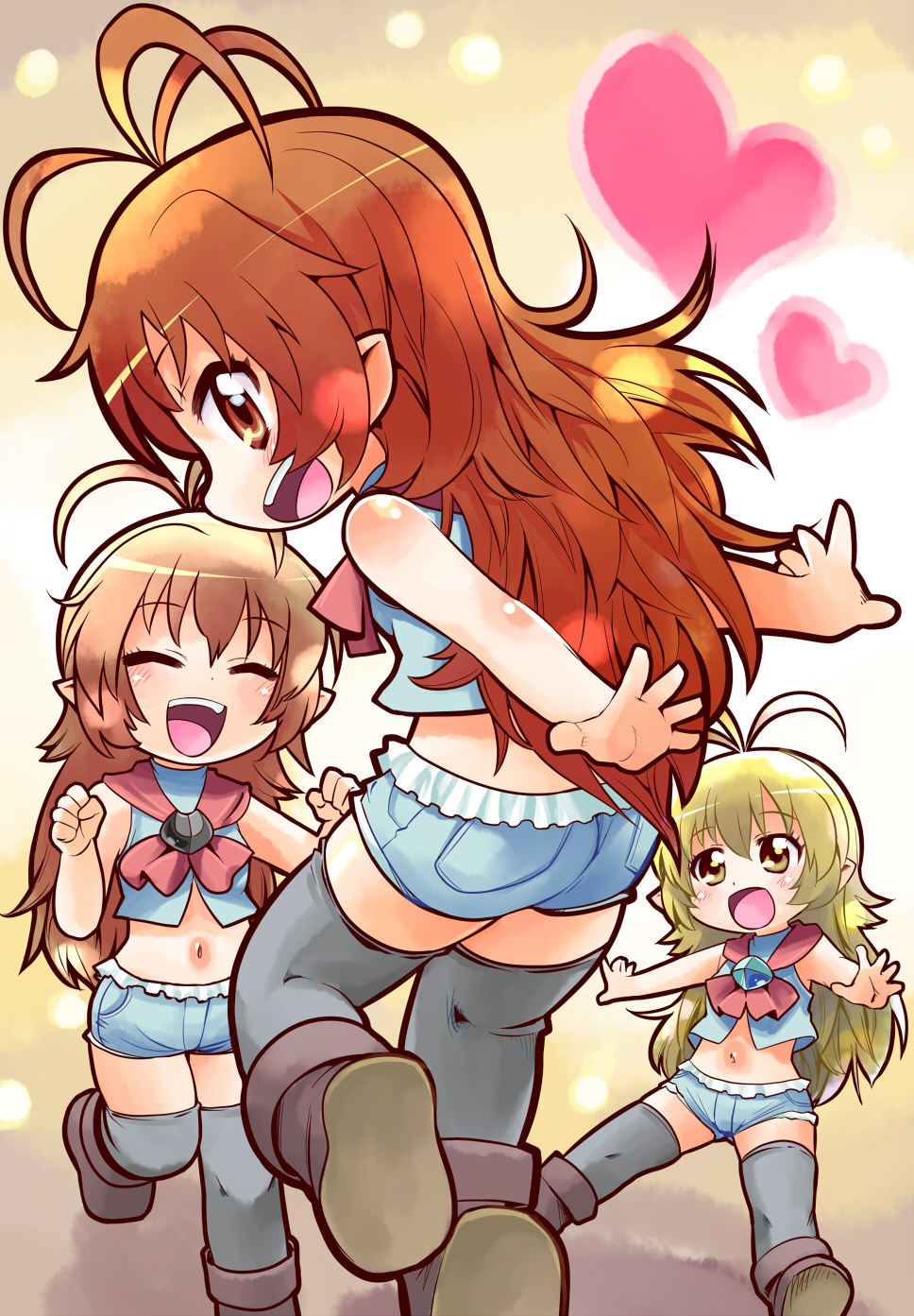 3girls :d ^_^ antenna_hair back black_legwear blonde_hair blush clenched_hands closed_eyes crop_top denim denim_shorts gabyo heart highres long_hair looking_back metal_(zettai_bouei_leviathan) midriff multiple_girls navel open_mouth orange_hair pointy_ears ragon_(zettai_bouei_leviathan) rudra_(zettai_bouei_leviathan) short_shorts shorts sleeveless smile thigh-highs wavy_hair yellow_eyes zettai_bouei_leviathan