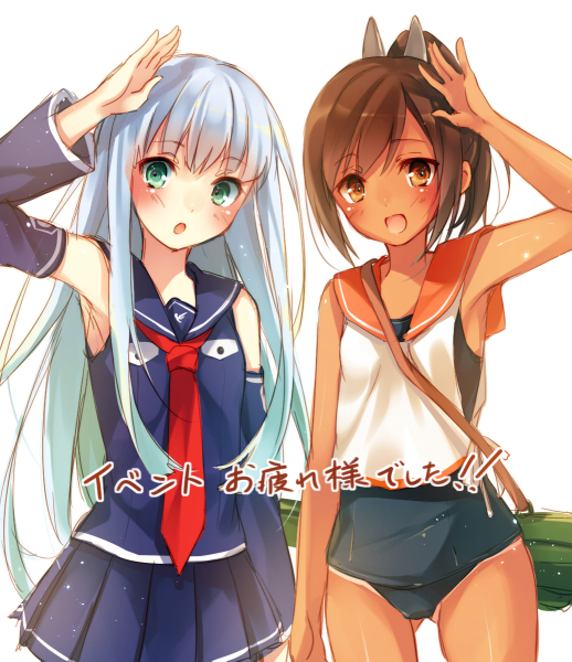 2girls :d :o aoki_hagane_no_arpeggio armpits blue_hair brown_eyes brown_hair crossover detached_sleeves green_eyes i-401_(kantai_collection) iona kantai_collection long_hair looking_at_viewer multiple_girls namesake one-piece_swimsuit open_mouth personification pleated_skirt ponytail salute school_swimsuit short_hair skirt smile swimsuit tan tanline toosaka_asagi white_background