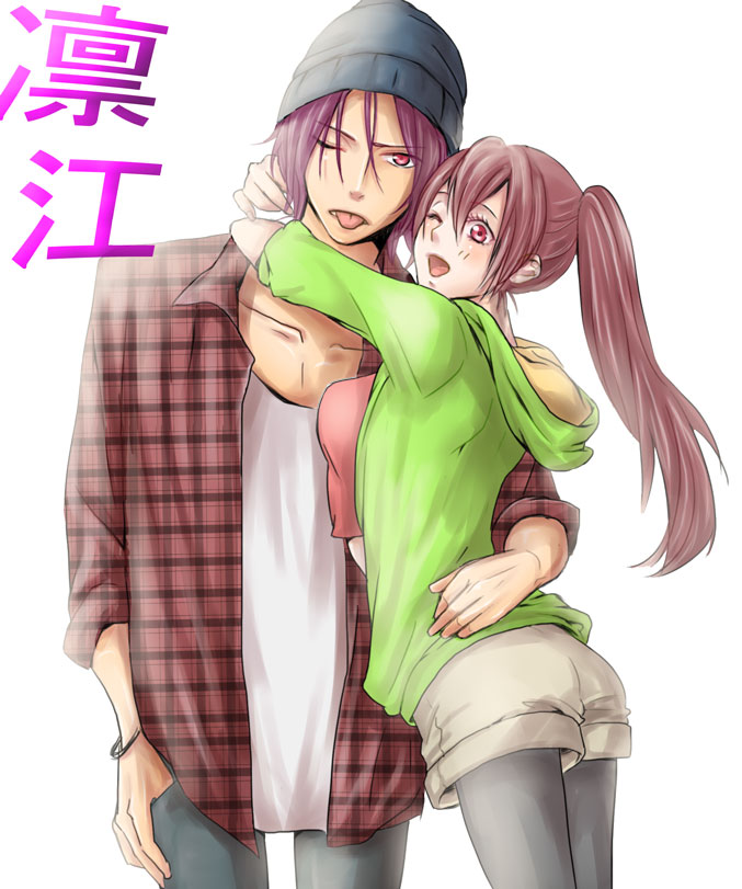 1boy 1girl arm_around_waist arms_around_neck black_legwear blush breasts brother_and_sister casual free! hat hoodie hug long_hair matsuoka_gou matsuoka_rin open_mouth pantyhose ponytail red_eyes redhead short_hair shorts siblings smile solo tongue tongue_out wink