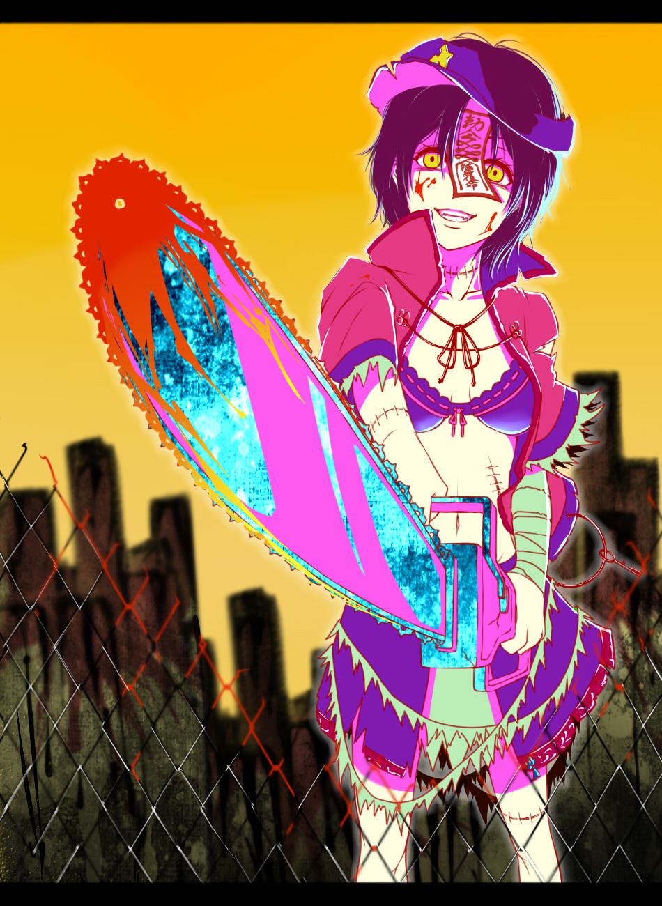 1girl blood blood_on_face bloody_weapon blue_hair bra building chain-link_fence chainsaw city crazy_smile grin hat highres key miyako_yoshika ofuda open_clothes ribbon scar shika_miso short_hair skirt smile solo star sunrise_stance torn_clothes torn_hat touhou underwear weapon yellow