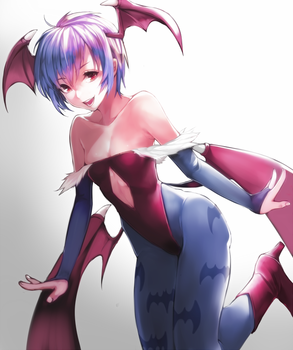 1girl bat_print bat_wings bridal_gauntlets demon_girl flat_chest head_wings leotard lilith_aensland looking_at_viewer pantyhose print_legwear purple_hair red_eyes settyaro short_hair smile solo vampire_(game) wings