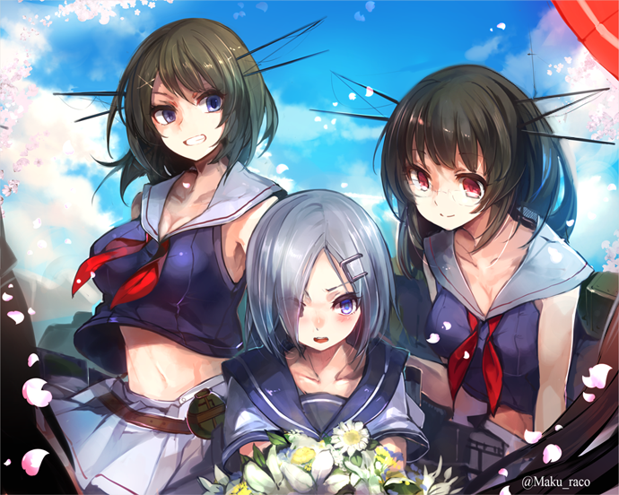 3girls black_hair blue_eyes blush bouquet breasts choukai_(kantai_collection) cis_(carcharias) cleavage crop_top crop_top_overhang flower glasses grin hair_ornament hair_over_one_eye hairclip hamakaze_(kantai_collection) headgear kantai_collection long_hair looking_at_viewer maya_(kantai_collection) midriff multiple_girls navel open_mouth personification red_eyes revision school_uniform serafuku short_hair silver_hair skirt smile