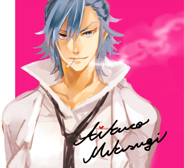 1boy areno blue_hair cigarette kill_la_kill male mikisugi_aikurou necktie smile smoke smoking solo