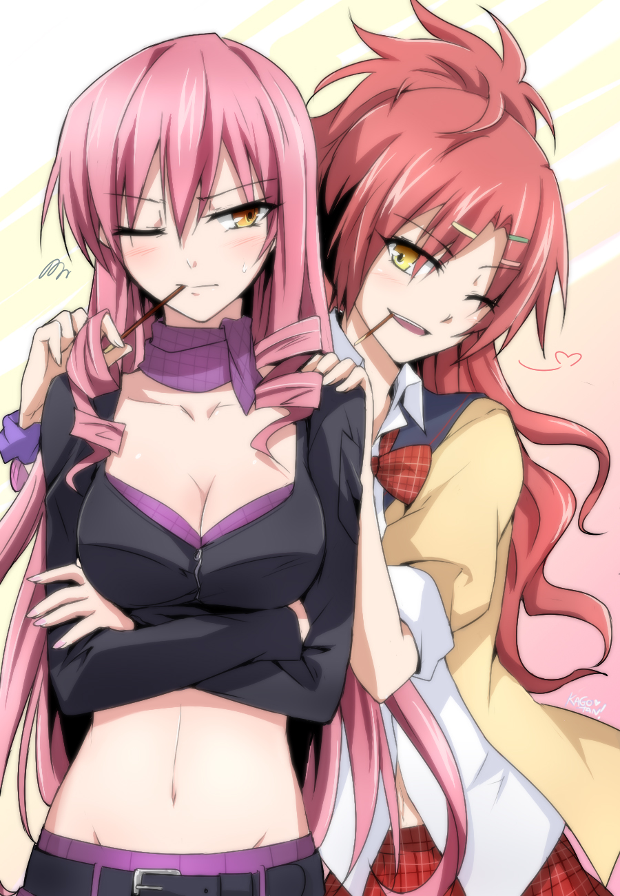 2girls akuma_no_riddle belt breasts brown_eyes cleavage hair_ornament hairclip hand_on_another's_shoulder highres inukai_isuke kago-tan large_breasts midriff mound_of_venus mouth_hold multiple_girls navel pocky redhead sagae_haruki wink