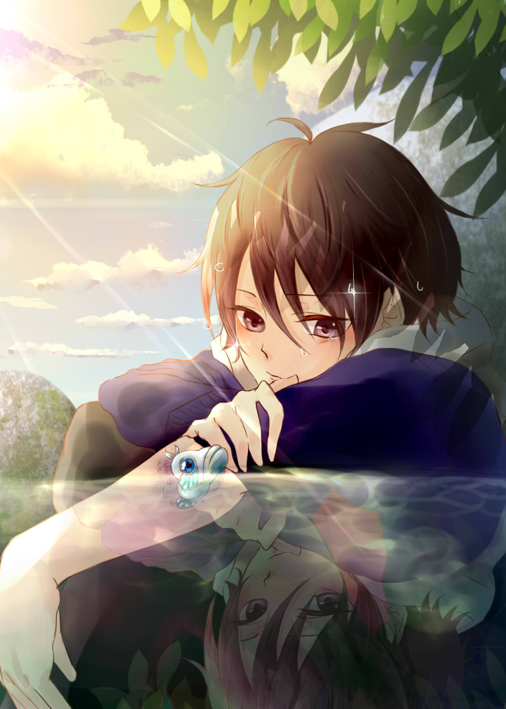 1boy black_hair brown_eyes fish highres kihara_tsumugu male nagi_no_asukara panda_(tsubu_j20) reflection short_hair submerged