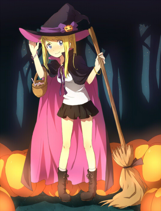 blonde_hair blue_eyes boots broom cape fullmetal_alchemist halloween hat long_hair miniskirt pumpkin riru skirt solo winry_rockbell witch_hat