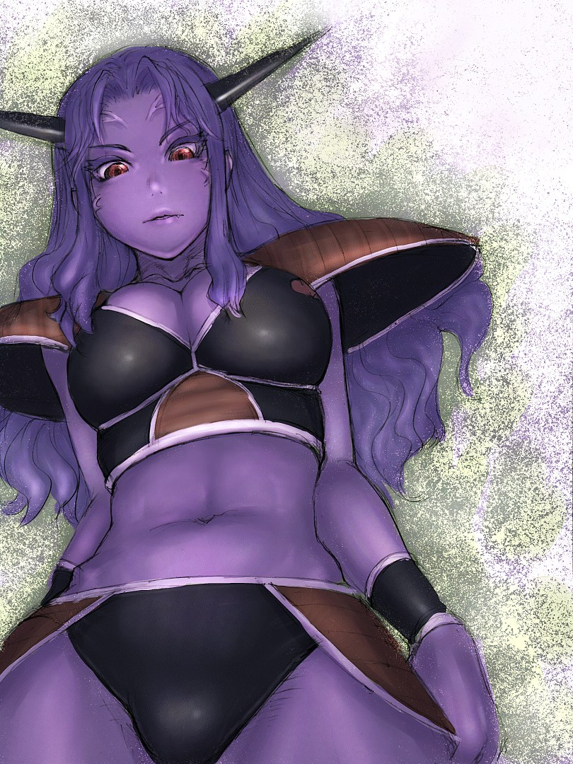 breasts captain_ginyu cleavage dragon_ball dragon_ball_z dragonball dragonball_z genderswap horns humio purple_hair purple_skin red_eyes solo veins