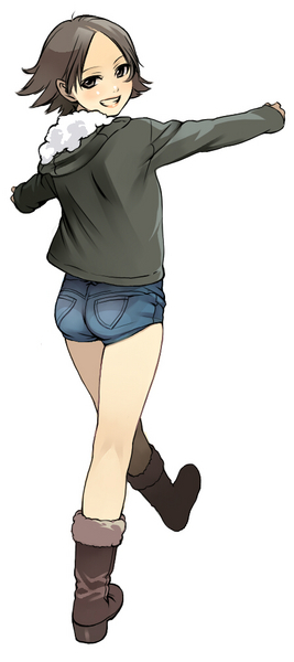 black_hair boots brown_eyes brown_hair denim denim_shorts from_behind jacket kazama_asuka looking_back namco short_hair short_shorts shorts smile solo tekken