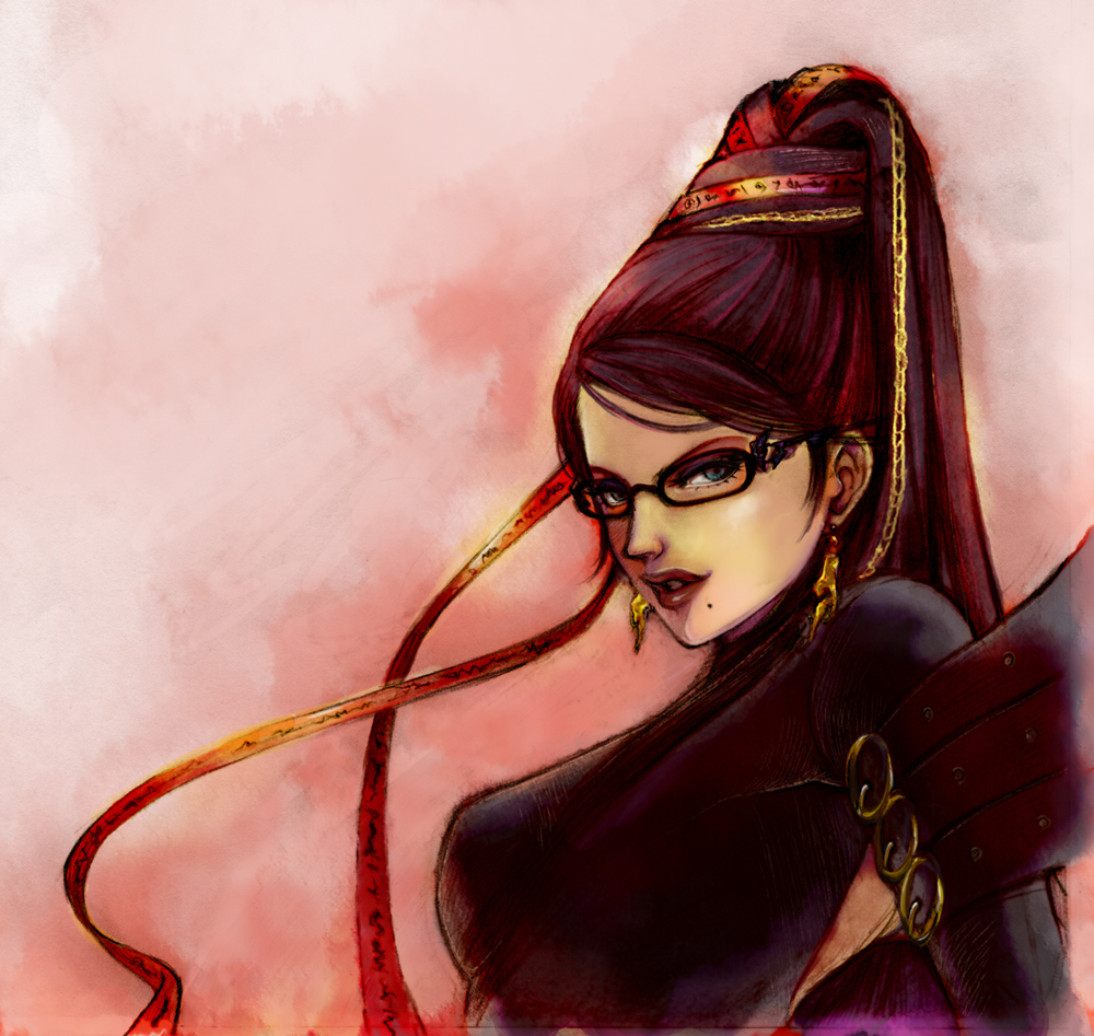 bayonetta bayonetta_(character) black_hair blue_eyes chains earrings glasses hair_bun long_hair mole red_ribbon ribbon sana_(pixiv25203)