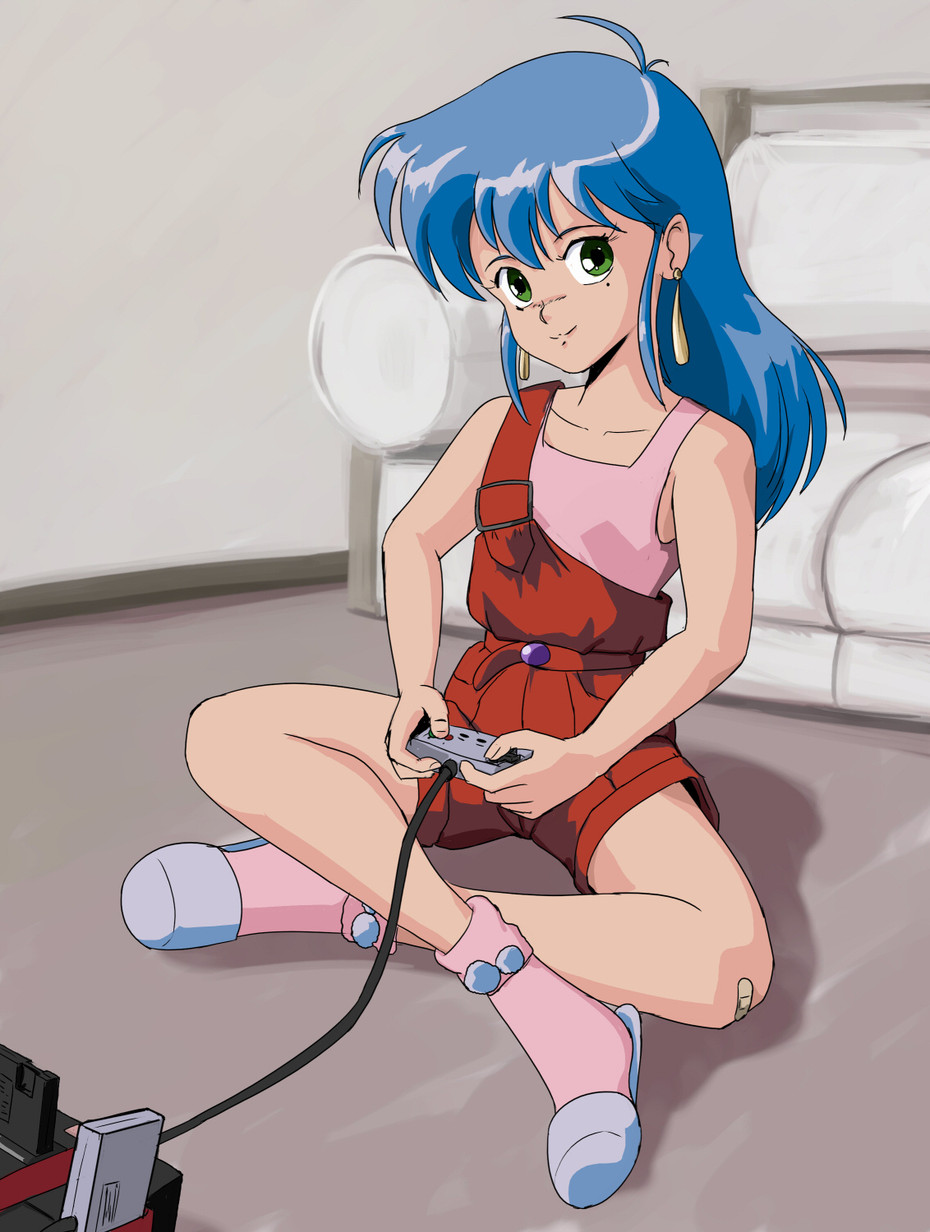 80s bandaid blue_hair earrings green_eyes highres indian_style izumi_konata jewelry lucky_star mole nes oldschool overalls playing_games sitting slippers smile socks solo wbd