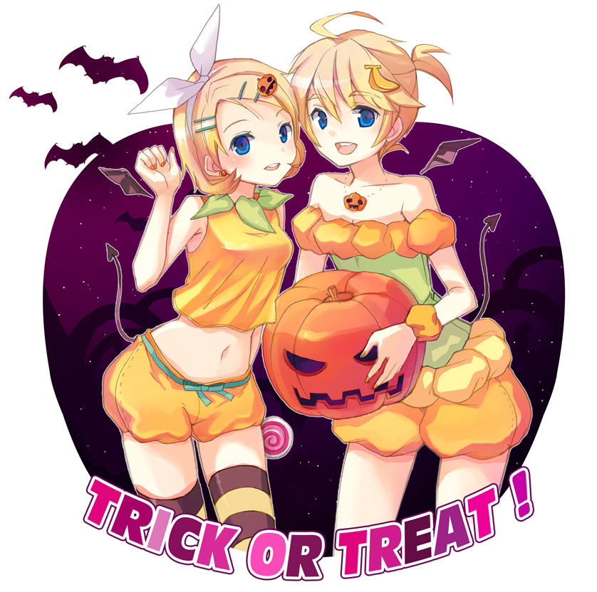 alternate_hairstyle bare_shoulders bat_wings blonde_hair blue_eyes blush brother_and_sister candy crossdressing crossdressinging earrings ei_(pakirapakira) flipped_hair food_themed_clothes hair_ornament hair_ribbon halloween jack-o'-lantern jack-o-lantern jewelry jin_young-in kagamine_len kagamine_rin lollipop midriff nail_polish navel necklace open_mouth pumpkin ribbon shorts siblings smile swirl_lollipop tail thigh-highs thighhighs trap twins vocaloid wings zettai_ryouiki