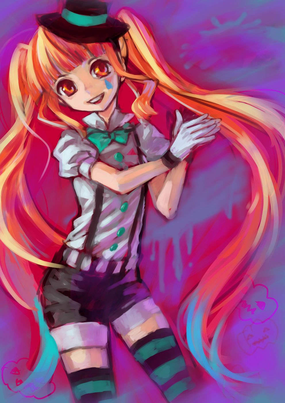 ama-tou bad_id formal gloves hat hatsune_miku highres hime_cut long_hair mini_top_hat mrs.pumpkin_no_kokkei_na_yume_(vocaloid) orange_eyes orange_hair smile solo striped striped_legwear striped_thighhighs suspenders thigh-highs thighhighs top_hat twintails vocaloid