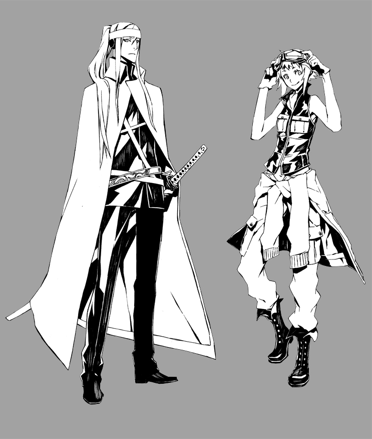 belt boots cape frown gloves goggles goggles_on_head grey_background gumi headband kamui_gakupo katana koi_wa_sensou_(vocaloid) long_hair military military_uniform miwa_shirou miwa_shirow monochrome ponytail short_hair smile sword uniform vocaloid weapon