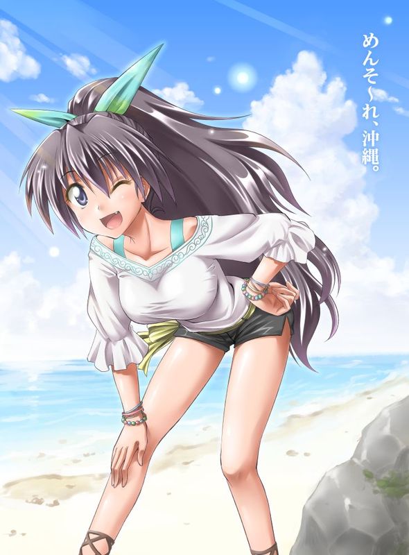 :d bent_over black_hair blue_eyes bracelet cloud fang fuugetsu_makoto ganaha_hibiki hair_ribbon hand_on_hip idolmaster jewelry legs long_hair open_mouth ponytail ribbon rock short_shorts shorts sky smile solo translation_request very_long_hair water wink