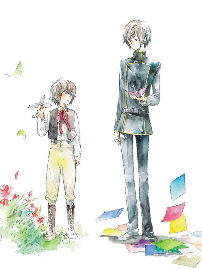 airplane artist_request black_hair child code_geass crane dual_persona flower flying_paper lelouch_lamperouge male multiple_boys overalls paper paper_crane purple_eyes school_uniform schoolboy source_request toy violet_eyes young