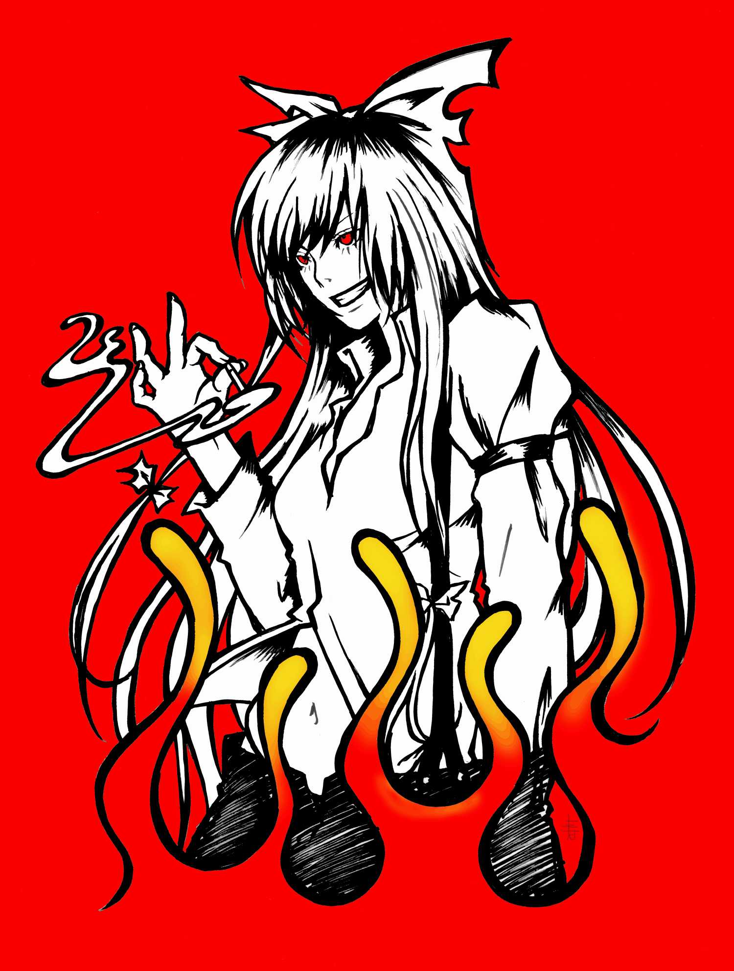 artist_request bow cigarette fire fujiwara_no_mokou grin hair_bow hair_ribbon highres jugemu long_hair long_sleeves looking_up monochrome navel pants red_background red_eyes ribbon shirt smile smoke solo spot_color suspenders touhou