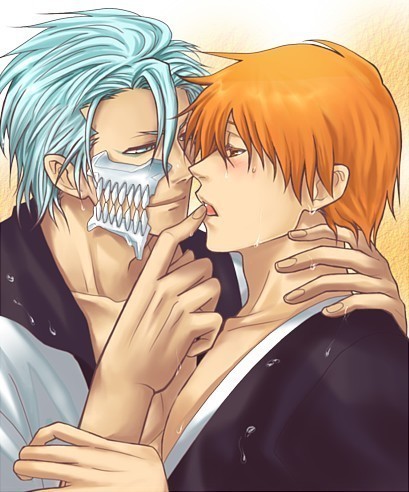 2boys bleach blush grimmjow_jaggerjack kurosaki_ichigo smile water wet yaoi