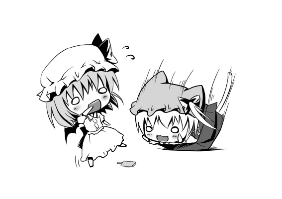 animal_ears bad_id bat_wings box cat_ears cat_tail chibi flandre_scarlet hanahanaken hat in_box in_container kemonomimi_mode monochrome multiple_girls o_o ponytail popsicle remilia_scarlet short_hair siblings side_ponytail sisters tail touhou wings
