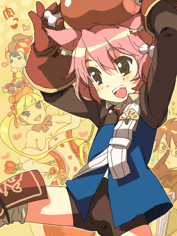 animal_ears blonde_hair blue_eyes breasts cat_ears cleavage fang fighter_(7th_dragon) flat_chest flower food fujisawa_machi glasses gloves healer_(7th_dragon) heart large_breasts long_hair mage_(7th_dragon) meat north_carolina_ameko open_mouth pink_hair princess_(7th_dragon) rose short_hair twintails