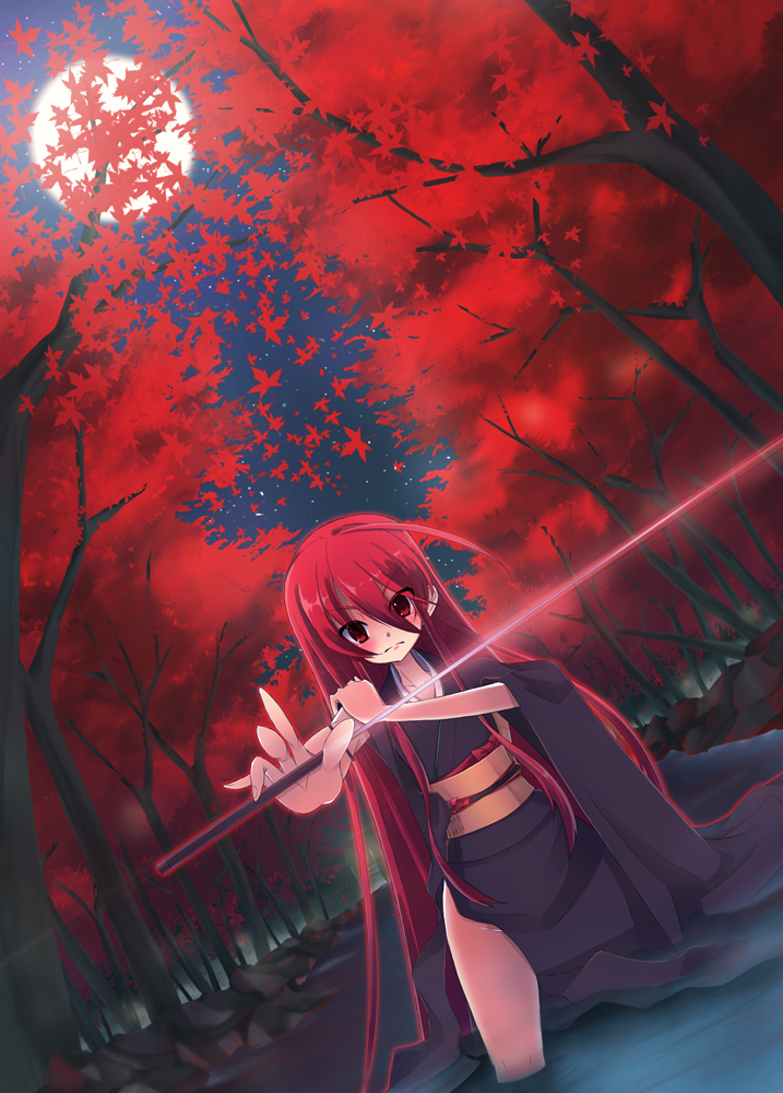 1girl bad_hands dutch_angle foreshortening forest full_moon glowing japanese_clothes kimono leaf long_hair maple_leaf moon noi obi outstretched_arm red red_eyes red_hair redhead river serious shakugan_no_shana shana sky solo stars submerged sword training tree water weapon