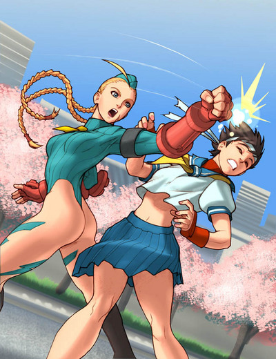 attack blonde_hair blue_eyes boots braid brown_hair cammy_white fight fingerless_gloves garrison_cap gloves hat headband kasugano_sakura leotard one-piece_thong punch punching school_uniform short_hair skirt street_fighter udon_entertainment