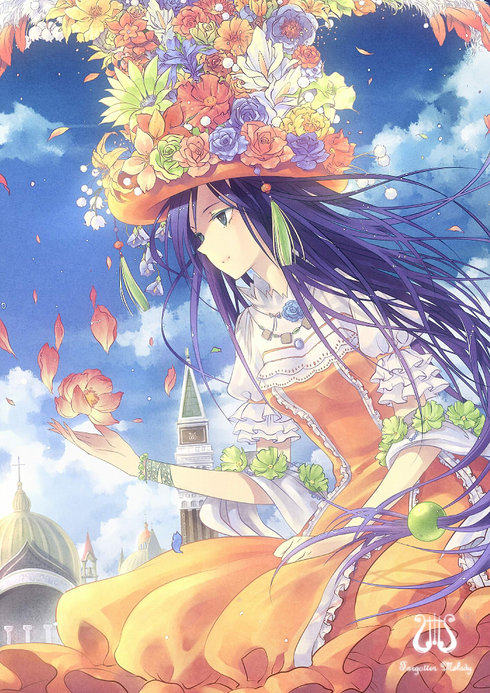 eternita flower hat kieta long_hair petals priscilla_(eternita) purple_hair solo very_long_hair wind