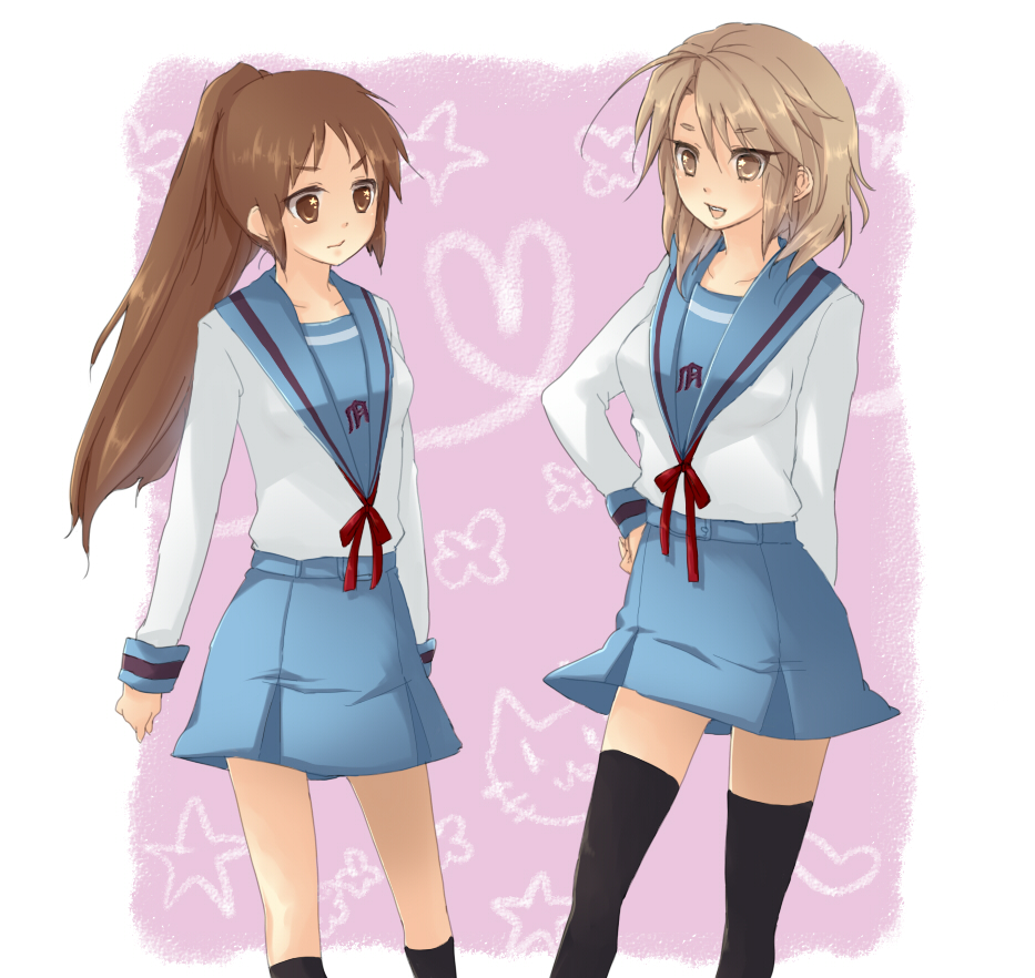 bad_id brown_eyes brown_hair genderswap iwashita_(nukopo) koizumi_itsuki_(female) kyonko long_hair multiple_girls ponytail school_uniform serafuku short_hair suzumiya_haruhi_no_yuuutsu thigh-highs thighhighs