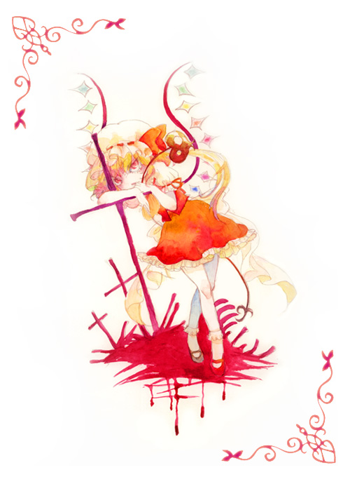 blonde_hair bow cross dress flandre_scarlet frills grave hair_bow hat legs long_hair mary_janes ponytail red_eyes ribbon rinko_(artist) rinko_(mg54) shoes short_sleeves side_ponytail silhouette socks solo touhou traditional_media watercolor_(medium) wings