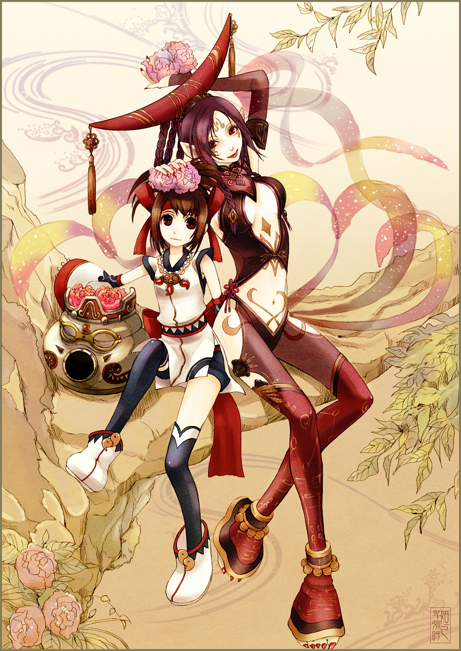 anklet anoringo arm_up black_hair black_legwear boots braid braids brown_hair center_opening da_ji detached_sleeves dual_wielding facial_mark fingernails flat_chest flower forehead_mark hair_ornament hat head_tilt headband high_ponytail highres himiko himiko_(musou_orochi) in_tree japanese_clothes jewelry leaf leg_up lipstick long_fingernails long_hair long_toenails magatama midriff multiple_girls musou_orochi musou_orochi_2 nail_polish nature navel necklace no_bra object_on_head outdoors pendant pointy_ears ponytail purple_hair red_eyes red_legwear sash see-through short_hair shorts side_slit sitting sitting_in_tree smile spiked_hair tattoo tattoos thigh-highs thighhighs toeless_socks toenails toes tree