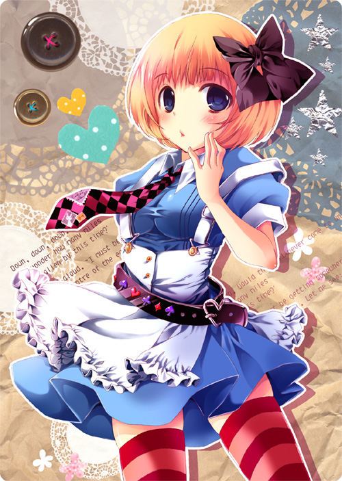 alice_in_wonderland belt blonde_hair blue_eyes blush bow buttons hair_bow heart necktie solo striped striped_legwear striped_thighhighs thigh-highs thighhighs yuunagi_seshina