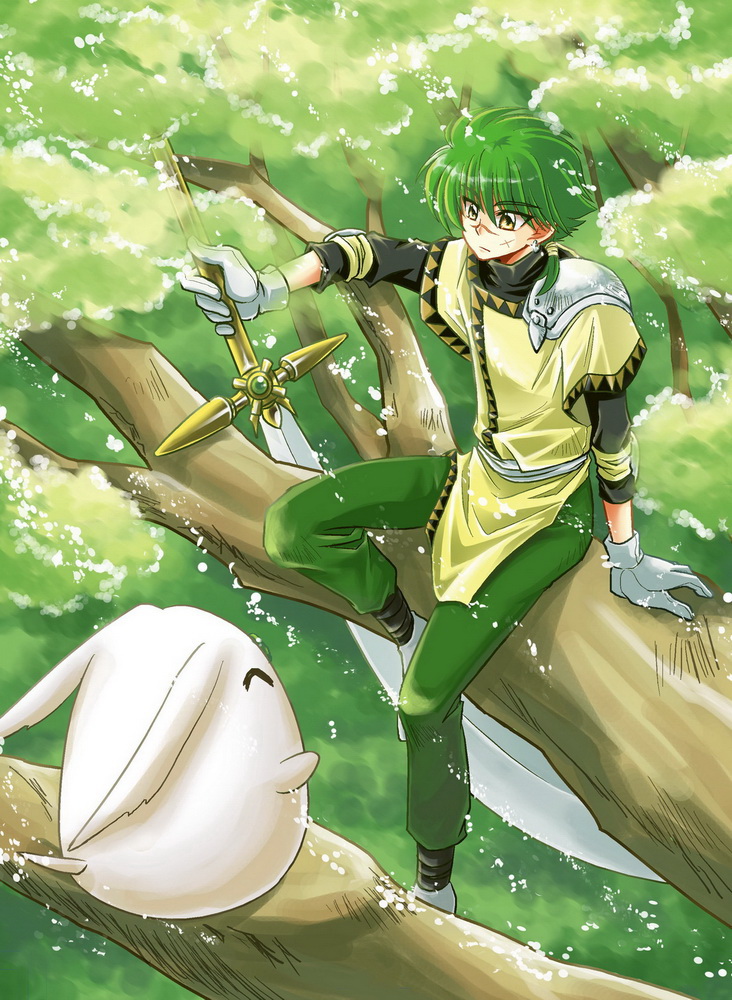 1boy arm_support armor clamp closed_mouth creature earrings eyebrows_visible_through_hair ferio_(rayearth) gloves green_hair hair_between_eyes holding holding_sword holding_weapon in_tree jewelry looking_away magic_knight_rayearth male mokona outdoors pauldron ponytail sash scar short_ponytail single_pauldron sitting sitting_in_tree sword undershirt weapon white_gloves yellow_eyes