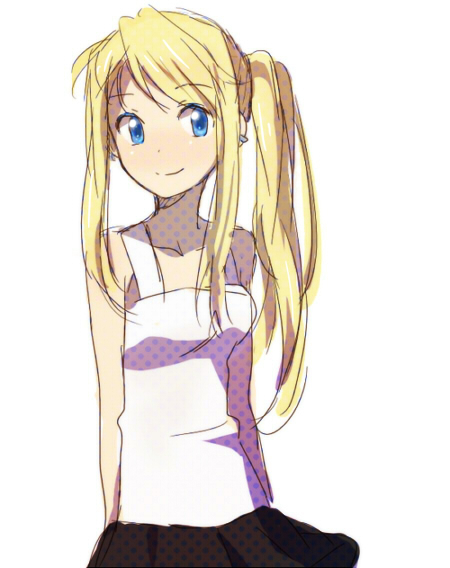 blonde_hair blue_eyes fullmetal_alchemist ponytail riru smile solo tank_top winry_rockbell