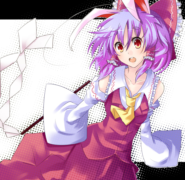 animal_ears bow bunny_ears detached_sleeves gohei gold_eyes hair_bow hakurei_reimu heterochromia if_they_mated japanese_clothes miko ohtsuki_ichiru ootsuki_ichiru purple_hair rabbit_ears red_eyes reirin reisen_udongein_inaba solo touhou yellow_eyes