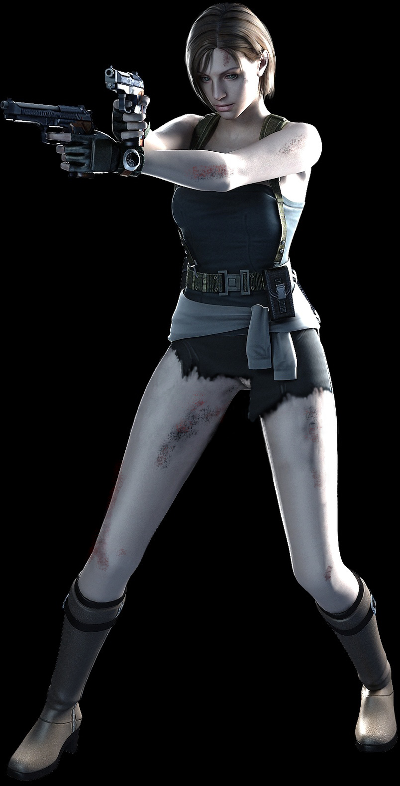 bare_shoulders blood boots brown_hair fingerless_gloves game_cg gloves gun jill_valentine panties resident_evil short_hair sleeveless torn_clothes watch weapon